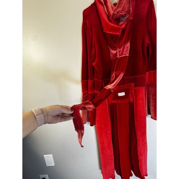 Blissninja OOAK Red Velour Patchwork Hooded Overcoat Elf Whimsigoth Fairy Grunge - Picture 3 of 14
